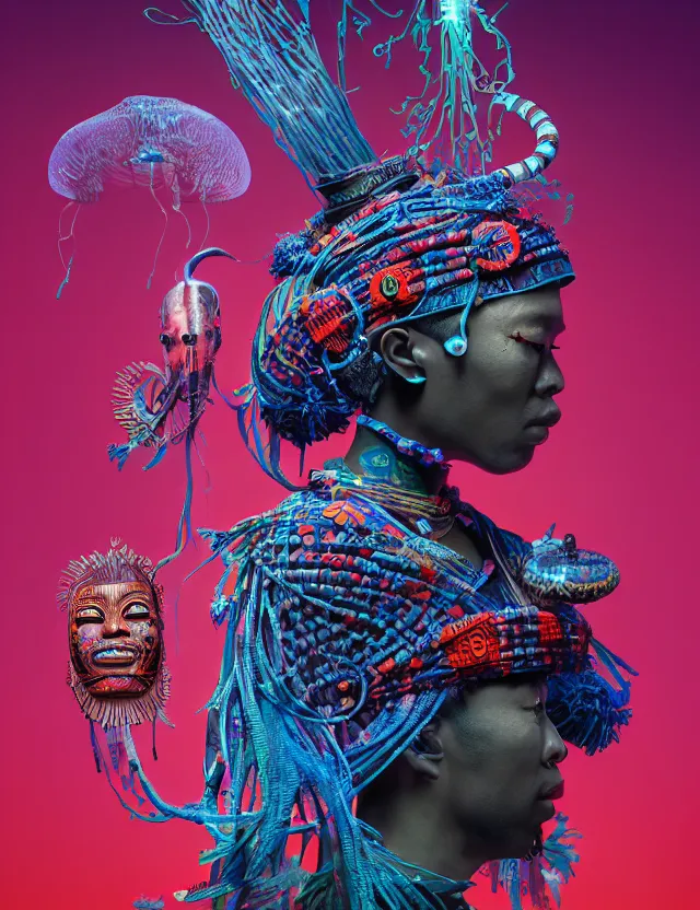 Prompt: 3 d witch doctor portrait. beautiful intricately detailed african mask and clasical japanese kimono. betta fish, jellyfish phoenix, bio luminescent, plasma, ice, water, wind, creature, artwork by tooth wu and wlop and beeple and greg rutkowski