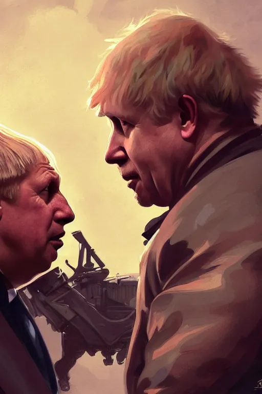 Image similar to aggressive Boris Johnson vs scared Putin, face to face staring, civil war style, highly detailed, digital painting, artstation, concept art, smooth, sharp focus, illustration, cinematic lighting, art by artgerm and greg rutkowski and alphonse mucha