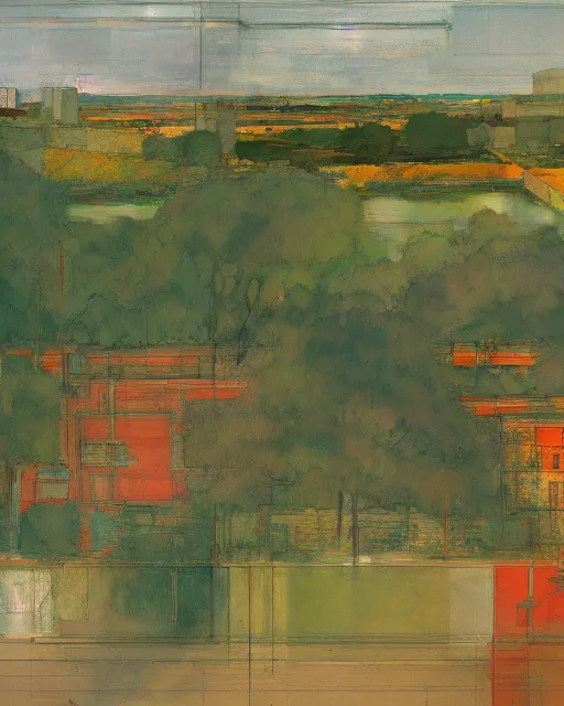 Image similar to reclaimed by nature by richard diebenkorn, wallpaper, highly detailed, trending on artstation.