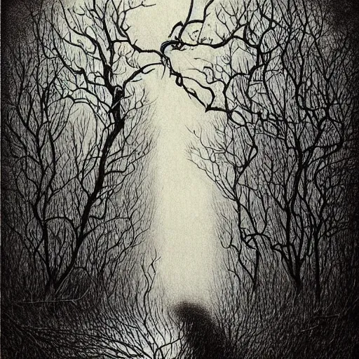 Prompt: grunge drawing of a tree by - Zdzisław Beksiński , corpse bride style, horror themed, detailed, elegant, intricate