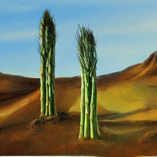 Image similar to concept art of dramatic landscape with giant asparagus at dusk