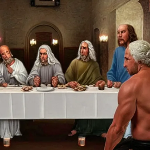 Prompt: vin diesel granny shifting in the last supper in the middle of a girth quake