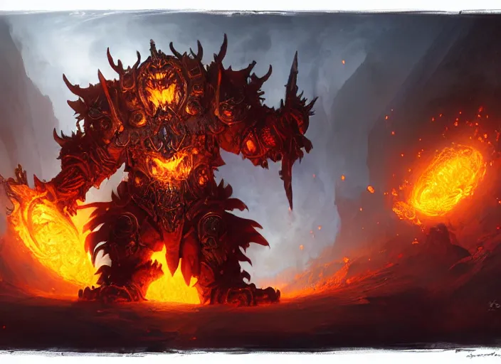 Image similar to artwork of ragnaros from world of warcraft by denning guy, amano yoshitaka, berkey john, bowater charlie, greg rutkowski