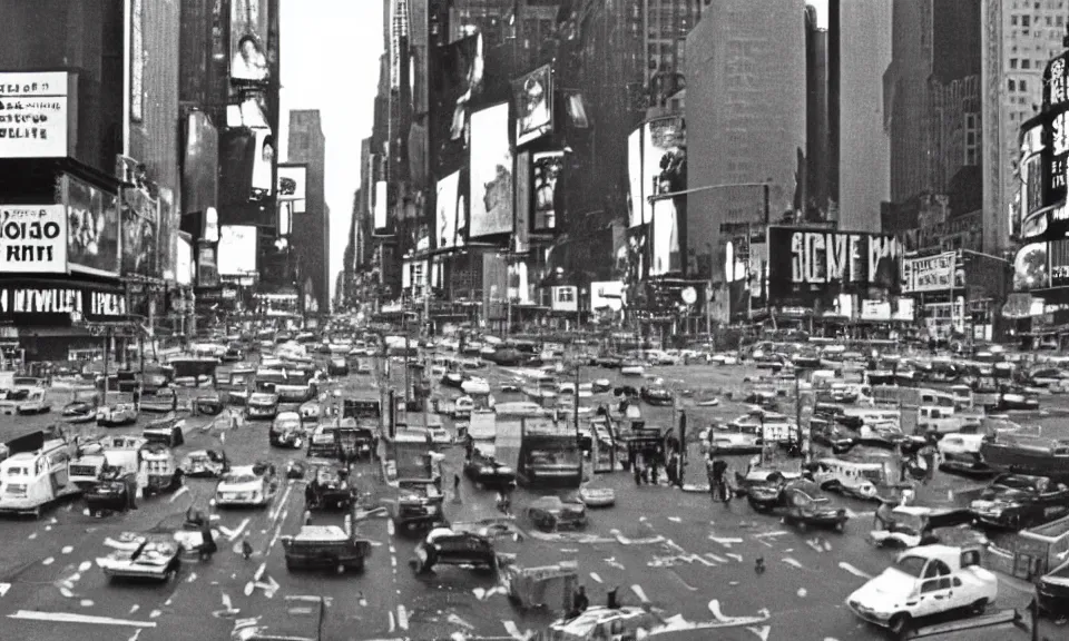 Image similar to A film still from a 1970s movie, new york city, times square, Realism, 4k, 8mm, Grainy, Panavision