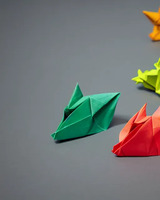 Image similar to high quality presentation photo of origami dinosaurs, photography 4k, f1.8 anamorphic, bokeh, 4k, Canon, Nikon