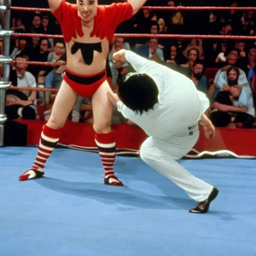 Image similar to Pee Wee Herman fights Mr Bean in WWE, 1990