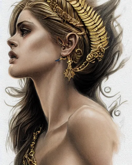 Image similar to tattoo sketch of blonde super model aphrodite greek goddess wearing a gold laurel wreath and triangle earrings, beautiful piercing gaze with sharp pupils, in the style of greg rutkowski, fantasy, amazing detail, epic, elegant, smooth, sharp focus, front view