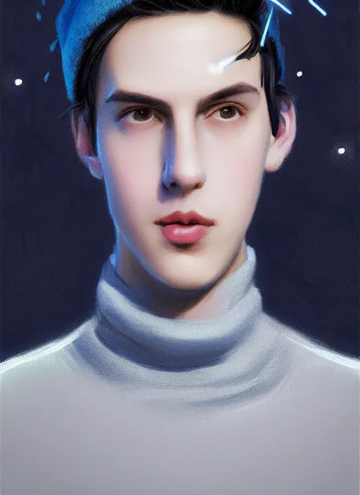 Image similar to portrait of teenage jughead jones wearing a light grey crown, crown, blue turtleneck, closed eyes, photorealistic, black hair, glowing lighting, intricate, elegant, glowing lights, highly detailed, digital painting, artstation, concept art, smooth, sharp focus, illustration, art by wlop, mars ravelo and greg rutkowski