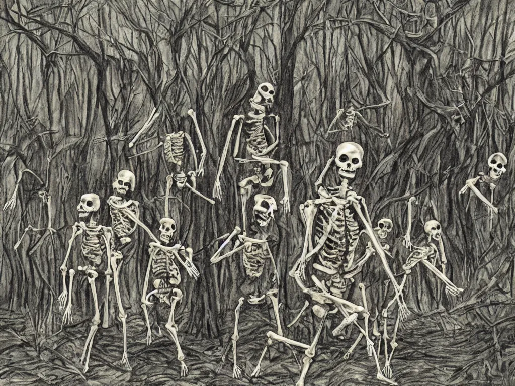 Image similar to frightened screaming human skeletons being chased by scp-106 in a dark forest at night, art by irina french, tom cross