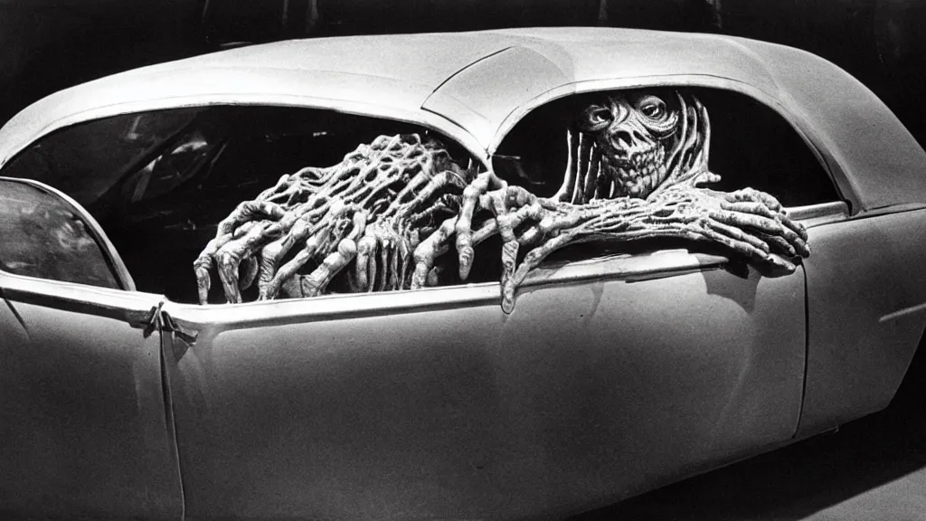 Prompt: the creature sits in a car, view of the car, made of wax and metal, film still from the movie directed by David Cronenberg with art direction by Salvador Dalí, wide lens