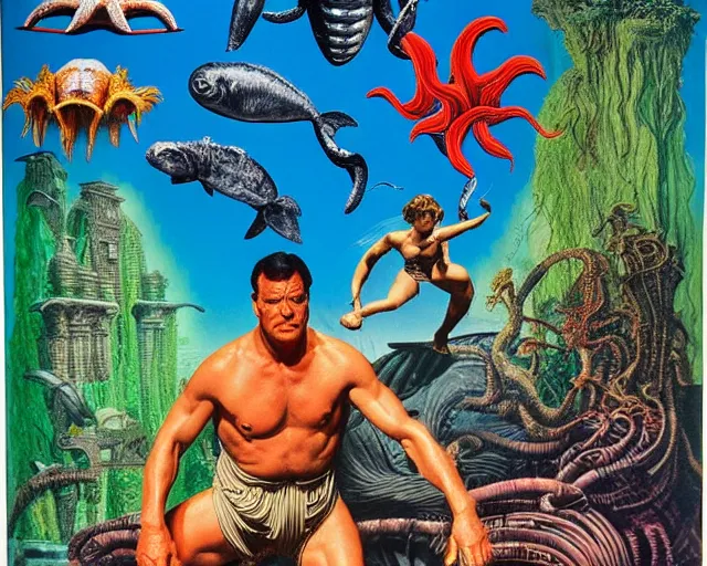 Prompt: 1989 action movie poster, cut out, classic Roman mythology, jungle on the outer rim, epic theater, deep sea creatures, aquatic plants, drawings in style of Terry Gilliam, composition William S Boroughs, written by Michael Ende