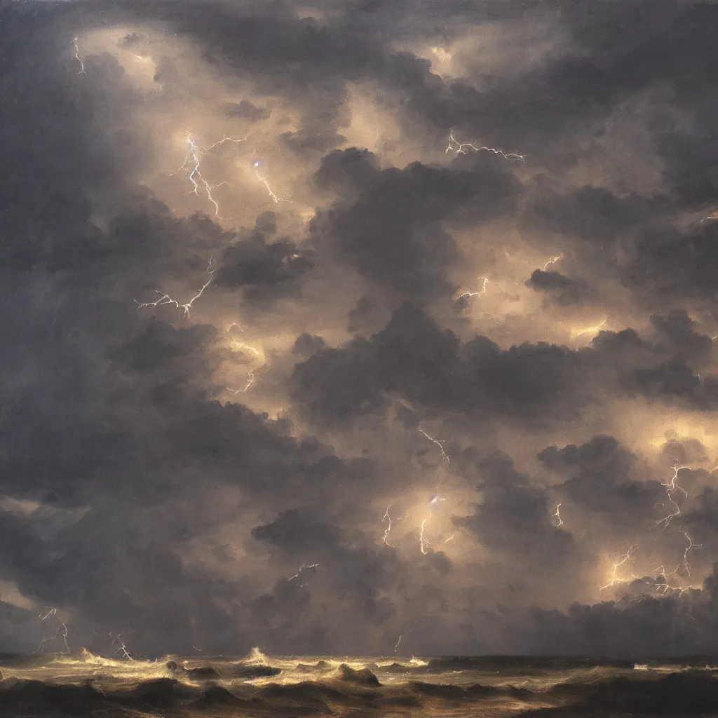 Image similar to thunderstorm with lots of lightning, oil painting