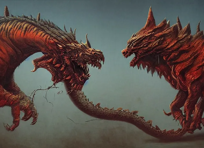 Image similar to a tiger dragon with 4 legs, full body concept, monster hunter monster, beksinski, brent hollowell,