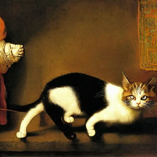 Prompt: schrodinger's cat playing the'to be or not to be'scene from hamlet, oil on canvas by rembrandt