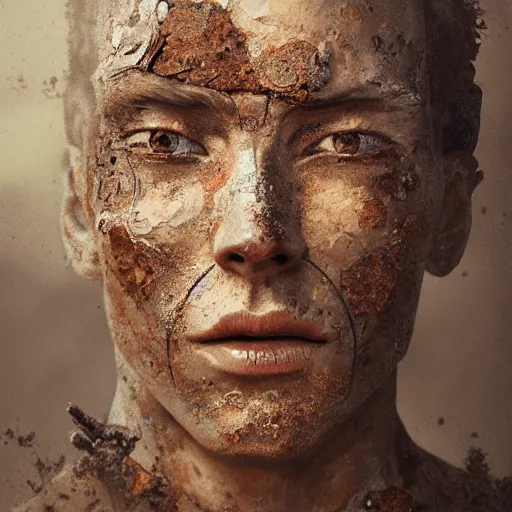 Prompt: a man made of rust and stone, self - portrait!!!!, beautiful photorealistic imagery, soft lighting, soft atmosphere, 4 k, 8 k, trending on artstation, cgsociety contest winner, illustrated by greg rutkowski and shot by jimmy nelson