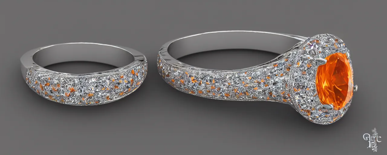 Image similar to simple white gold magic crystal ring, radiant cut, fire, orange, gold, smooth shank, crystal, engravings, diamonds, product design, jewelry, colorful, art by gerald brom, greg rutkowski and artgerm, photo realism, unreal engine, c 4 d