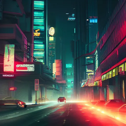 Prompt: cyberpunk streets at night with thick yellow smog, hyperdetailed, cinematic lights, octane render, trending on artstation, artstationHD, artstationHQ, unreal engine, 4k