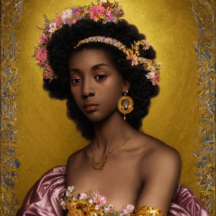 Image similar to highly detailed venetian rococo portrait of a black princess wearing a crown, golden jewels, pastel flowery background, 8 k, realism, volumetric lighting, flowers, fantasy, realistic, symmetrical face, digital illustration, art by krenz cushart, alphonse mucha, kehinde wiley, artem demura