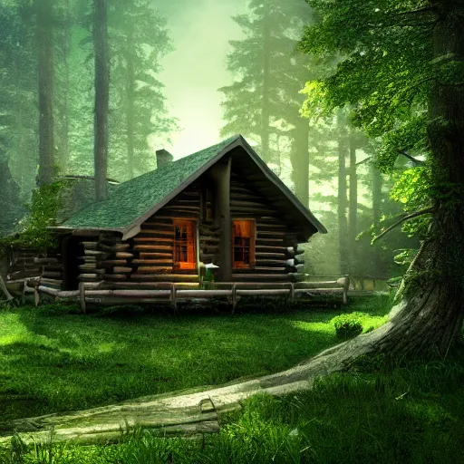 Prompt: log cabin in the woods, diffused lighting, highly detailed cinematic, epic composition, highly detailed, atmospheric, wide angle, artstation trending, warm green colors