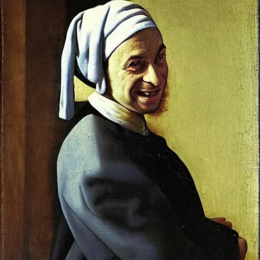 Prompt: a portrait of Benjamin Netanyahu smiling with a pearl earing in the style of Johannes Vermeer