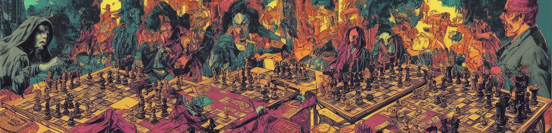 Prompt: chess set, taro deck card king and psychedelic grainshading print by moebius, richard corben, wayne barlowe, cyberpunk comic cover art, galactic dark colors