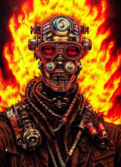 Image similar to portrait of a punk man driving a burning man car, background is on fire, mad max style, warhammer 40000, cyberpunk, intricate, highly detailed, digital painting, artstation, concept art, smooth, sharp focus, illustration, art by Amano and Karol_Bak and artgerm and greg rutkowski and alphonse mucha and Gustav Klimt and Kojima