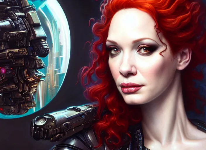 Image similar to portrait shot of a christina hendricks wearing cyberpunk clothing in cyberpunk 2 0 7 7, intricate, elegant, highly detailed, centered, digital painting, artstation, concept art, smooth, sharp focus, illustration, artgerm, tomasz alen kopera, peter mohrbacher, donato giancola, joseph christian leyendecker, wlop, boris vallejo