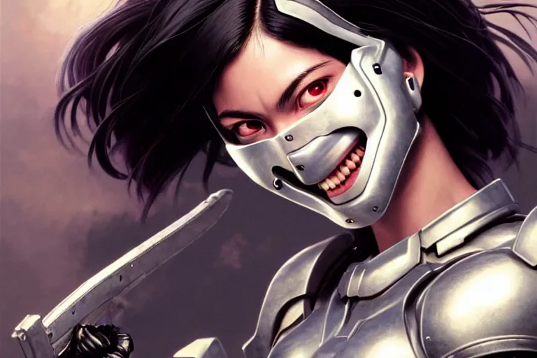Prompt: grainy film photograph of battle angel in real life, smiles, face mask, plastic armor, dynamic lighting, passionate, magazine cover, cinematic, highly detailed, sharp focus, art by artgerm and greg rutkowski