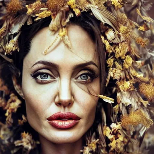 Image similar to fine art photo of angelina jolie, she has a crown of dried flowers, by oleg oprisco