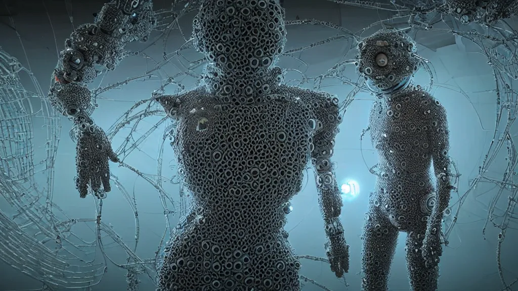 Image similar to a cybernetic symbiosis of a single astronaut mech-organic eva suit made of pearlescent wearing knitted shiny ceramic multi colored yarn thread infected with diamond 3d fractal lace iridescent bubble 3d skin dotted covered with orb stalks of insectoid compound eye camera lenses floats through the living room, film still from the movie directed by Denis Villeneuve with art direction by Salvador Dalí, wide lens,kevlar,carbon fiber,ceramics,gaseous materials,