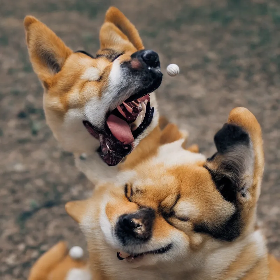 Prompt: cheerful shiba inu dog derpy swings baseball mouth in mouth 4 k