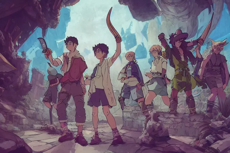 Prompt: cell shaded key visual of a group of adventurers being ambushed by monsters in a dungeon, in the style of studio ghibli, moebius, makoto shinkai,