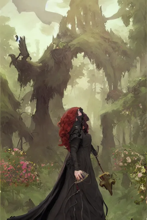 Image similar to hagrid the viking and gothic medieval morticia addams walking in enchanted forest with flowers, greg manchess painting by sargent and leyendecker, fantasy medium shot asymmetrical intricate elegant matte painting illustration hearthstone, by greg rutkowski by greg tocchini by james gilleard