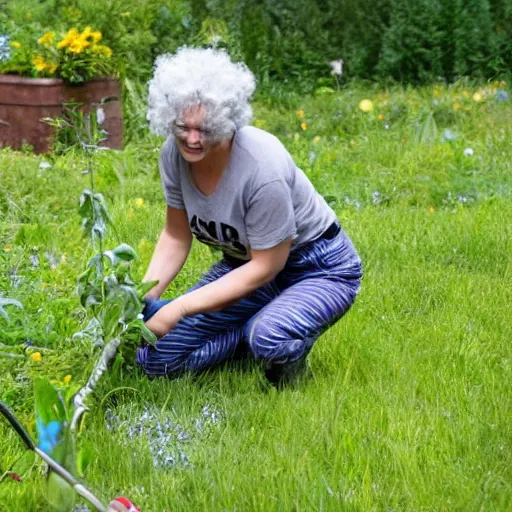 Prompt: a pixar character, a beautiful and mad canadian woman, on her knees, pulling weeds out frantically, some grey hair, stripey pants,