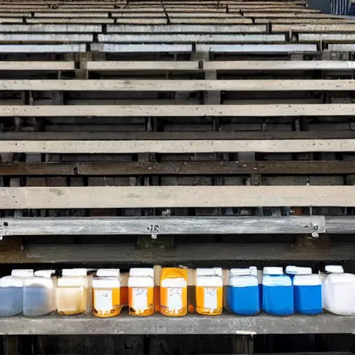 Image similar to a set of bleachers, with bottles of bleach stacked neatly on the benches