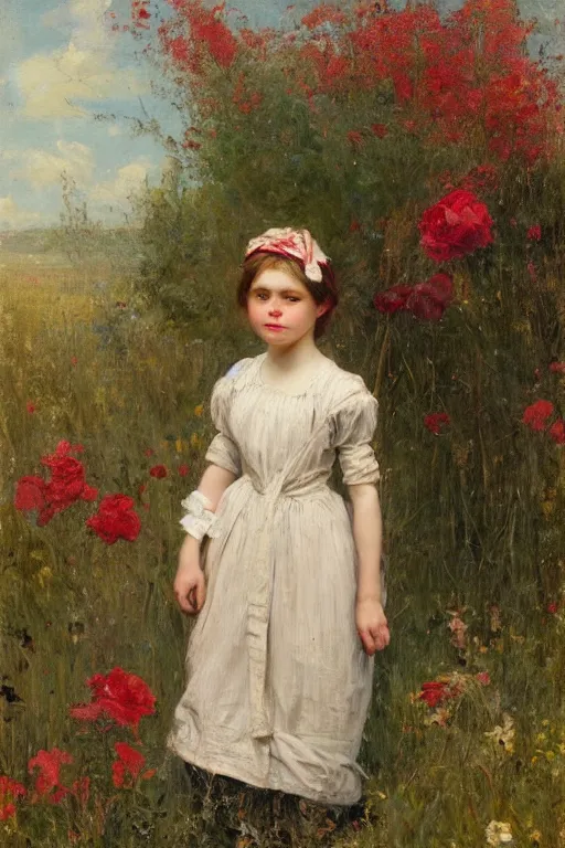 Image similar to Solomon Joseph Solomon and Richard Schmid and Jeremy Lipking victorian genre painting portrait painting of a young cottagecore girl in an open field of flowers, red background