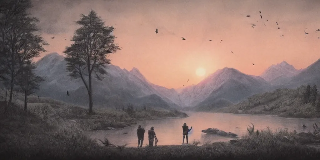 Image similar to A majestic landscape featuring a river, mountains and a forest. A group of birds is flying in the sky. There is an old man with a dog standing next to him. The man is wearing a backpack. They are both staring at the sunset. Cinematic, very beautiful, pencil drawing