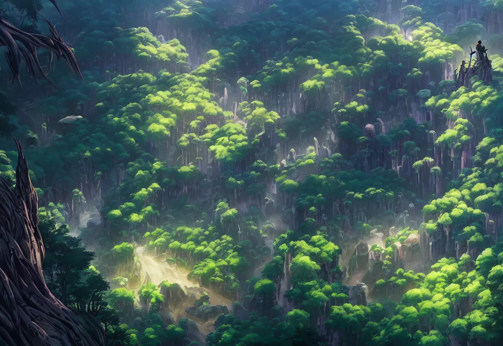 Image similar to high view of the background of a forest that has an endless pit in the bottom of the image, stylised painting, visible brush strokes, forest, medieval architecture, dynamic lighting, aesthetics, smooth, d & d, fantasy, asymmetrical, intricate, elegant, matte painting, by makoto shinkai borderlands and by feng zhu rossdraws