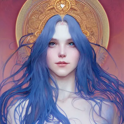 Image similar to goddess, blue hair, long hair, hands open for a hug, intricate, elegant, ethereal, highly detailed, digital painting, artstation, concept art, smooth, sharp focus, illustration, art by artgerm and greg rutkowski and alphonse mucha