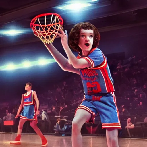 Image similar to will from stranger things playing basketball and making a shot in an nba stadium , close up shot, wide angle, lens flares