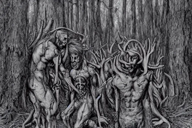 Image similar to multi headed demon in a forest in the style of wayne barlowe