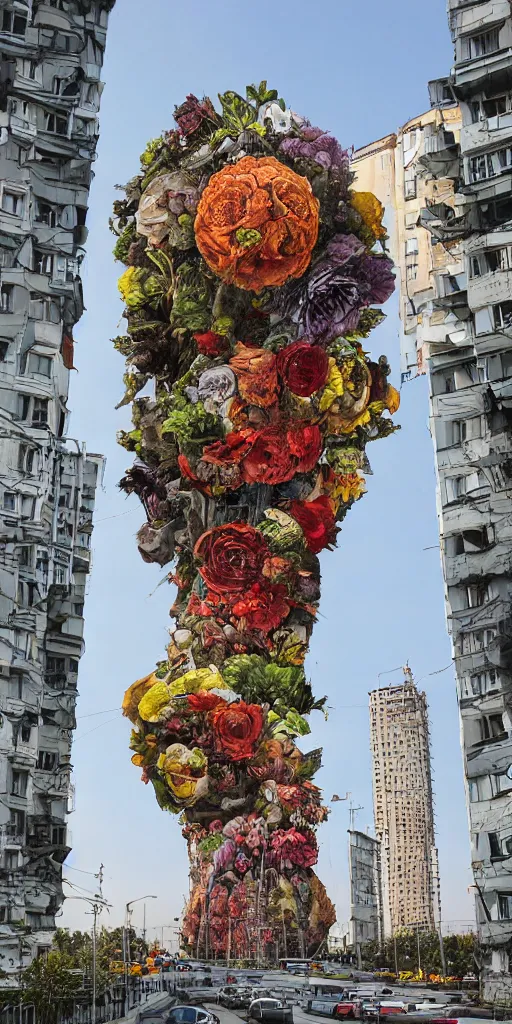 Prompt: giant grotesque flower in the middle of abandoned post soviet constructivist cityscape, ultradetailed by Josan Gonzalez and Giuseppe Arcimboldo