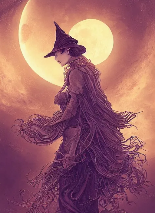 Image similar to golden moon at background, creative!!! composition for a book cover, absurdly beautiful, ultrafine hyperrealistic detailed old witch face by wlop and artgerm and greg rutkowski, intricate linework, sharp focus, smooth, octopath traveler, final fantasy, unreal engine, dramatic lighting, ethereal, 8 k