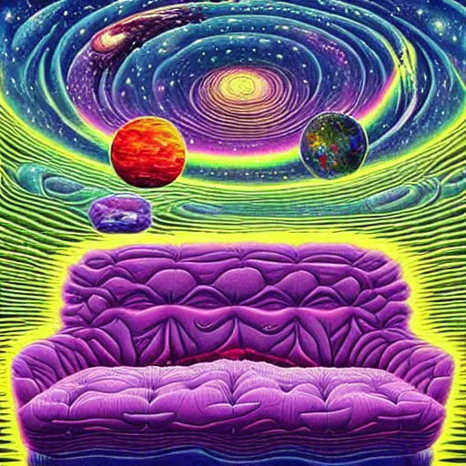 Prompt: psychedelic trippy couch in space, planets, plants, flowers, mushrooms milky way, sofa, cartoon by rob gonsalves