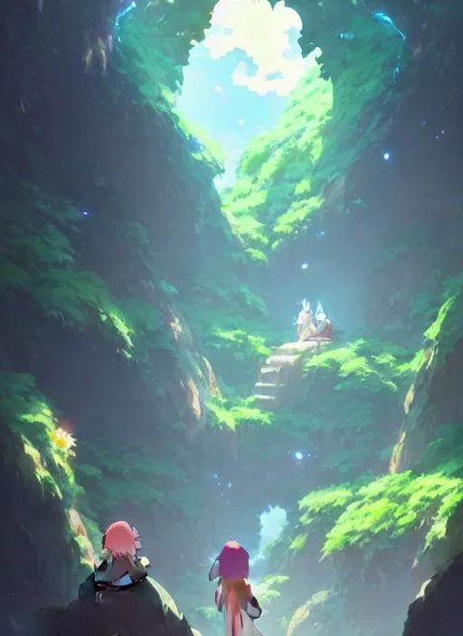 Prompt: a cave where can see a super nice garden, neon circular light round it, illustration concept art anime key visual trending pixiv fanbox by wlop and greg rutkowski and makoto shinkai and studio ghibli