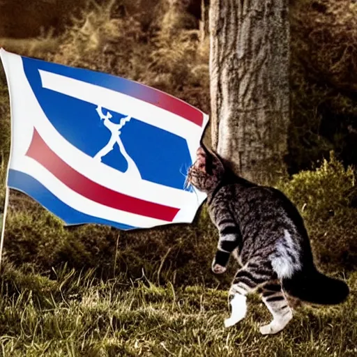 Prompt: photo of a small warrior cat carrying his battle flag while riding a large cat steed that is galloping into battle