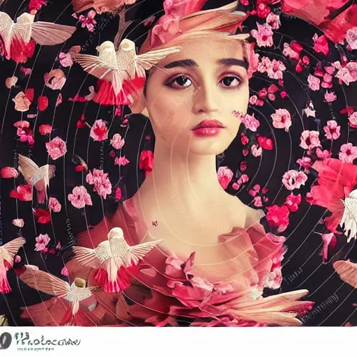 Image similar to a beautiful girl wearing an origami dress eye - level medium shot, fine floral ornaments in cloth and hair, hummingbirds, elegant, by eiko