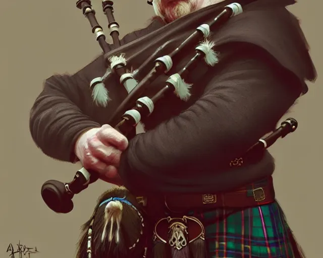 Prompt: scottish man in a kilt playing bagpipes, deep focus, d & d, fantasy, intricate, elegant, highly detailed, digital painting, artstation, concept art, matte, sharp focus, illustration, hearthstone, art by artgerm and greg rutkowski and alphonse mucha