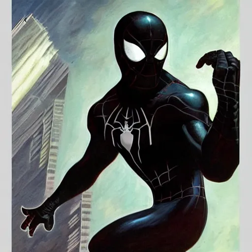 Prompt: black suit spider-man by gerald brom