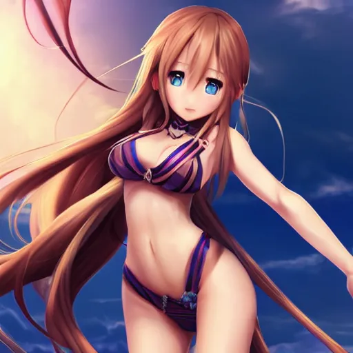Prompt: a very beautiful yuuki asuna, full body, long wavy blond hair, sky blue eyes, full round face,, bikini, miniskirt, front view, mid - shot, highly detailed, cinematic wallpaper by stanley artgerm lau